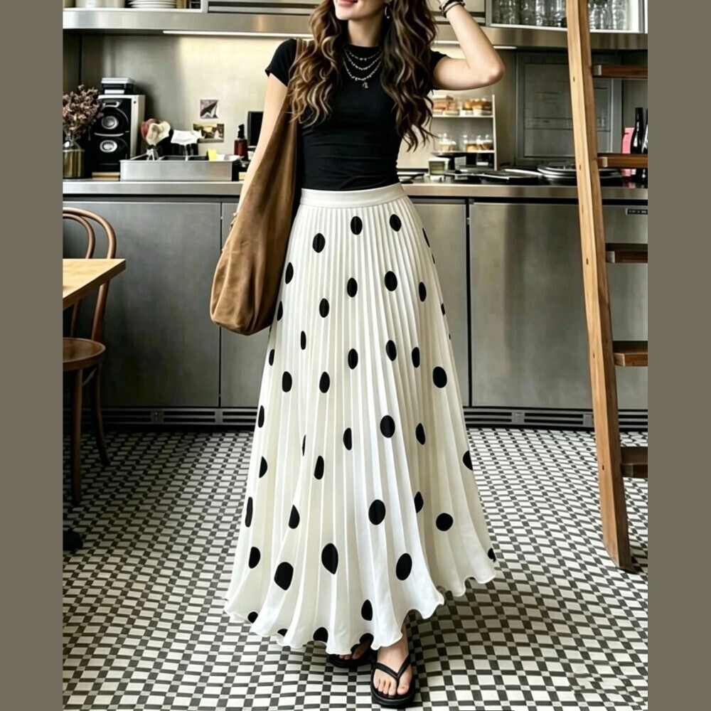 Cream Pleated Maxi Skirt with Black Polka Dots